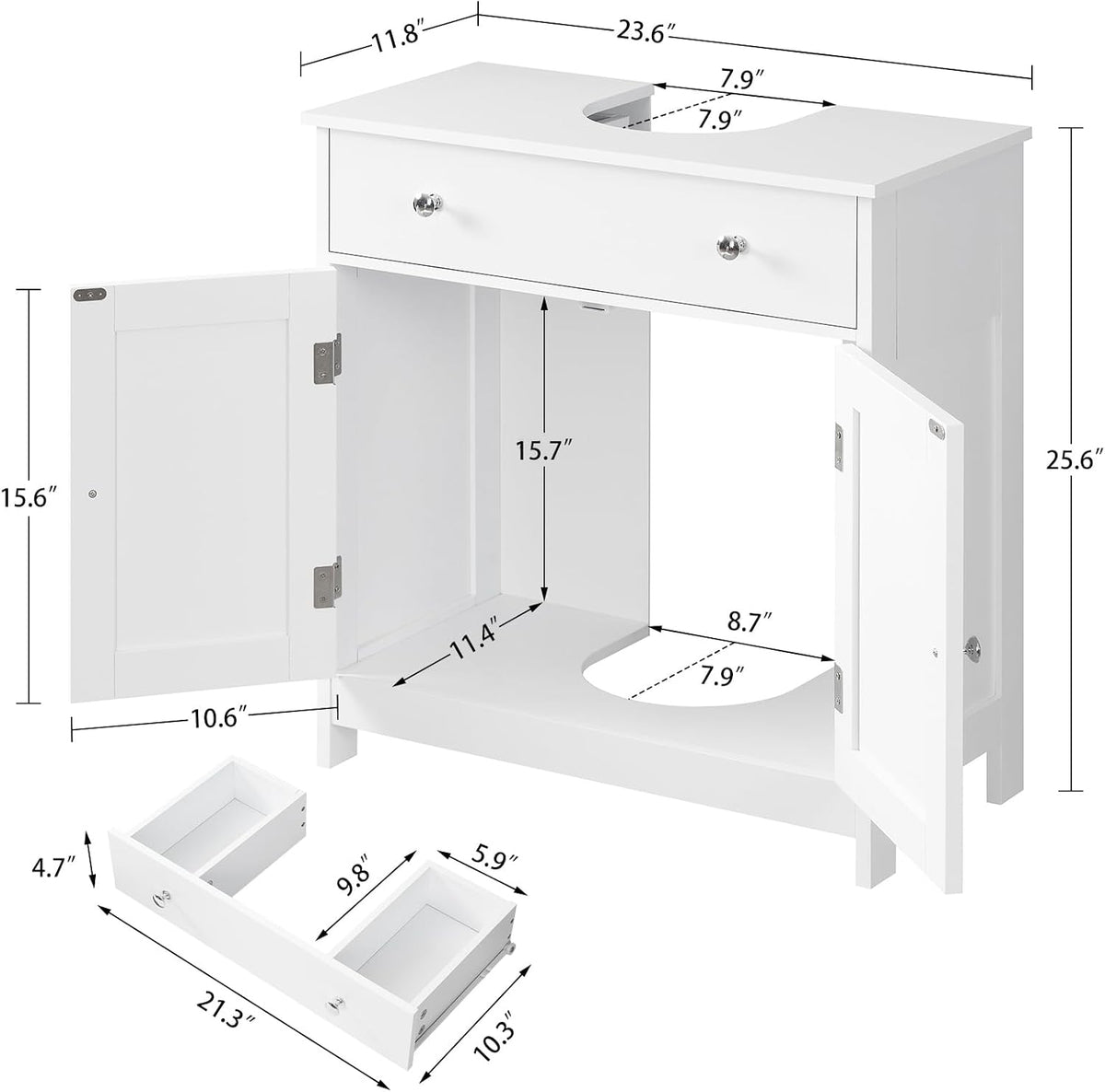 TEENFON Pedestal Sink Storage Cabinet with 2 Doorsand Drawer, Bathroom Sink Cabinet, Under Sink Storage with U-Shape Cut-Out, White