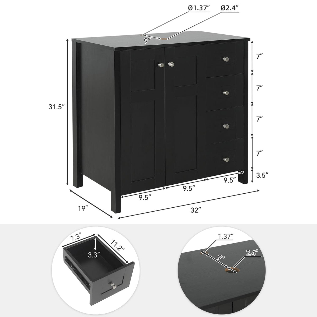 32'' Bathroom Vanity with Sink, Modern Bathroom Cabinet, Black