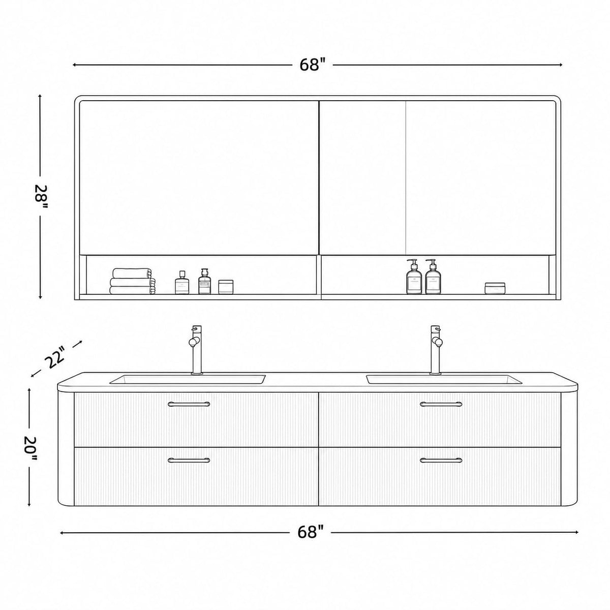 52 in Floating Double Bathroom Vanity with Vessel Sinks & LED Mirror Cabinet