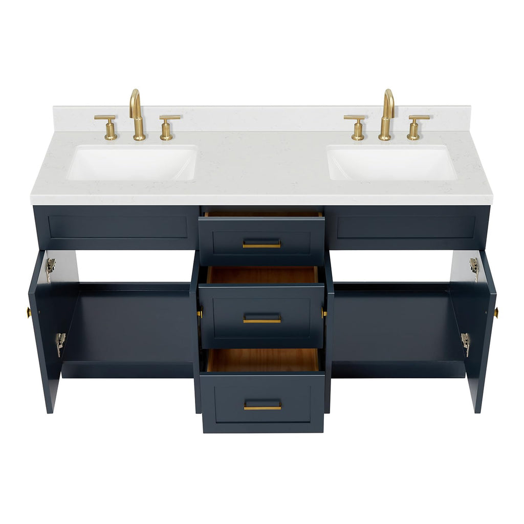 DKB Isabella 66" White Double Bathroom Vanity with 1.5" Carrara Quartz Countertop, Double Rectangular Undermount Sinks, 4 Soft Closing Doors, 6 Dovetail Drawers