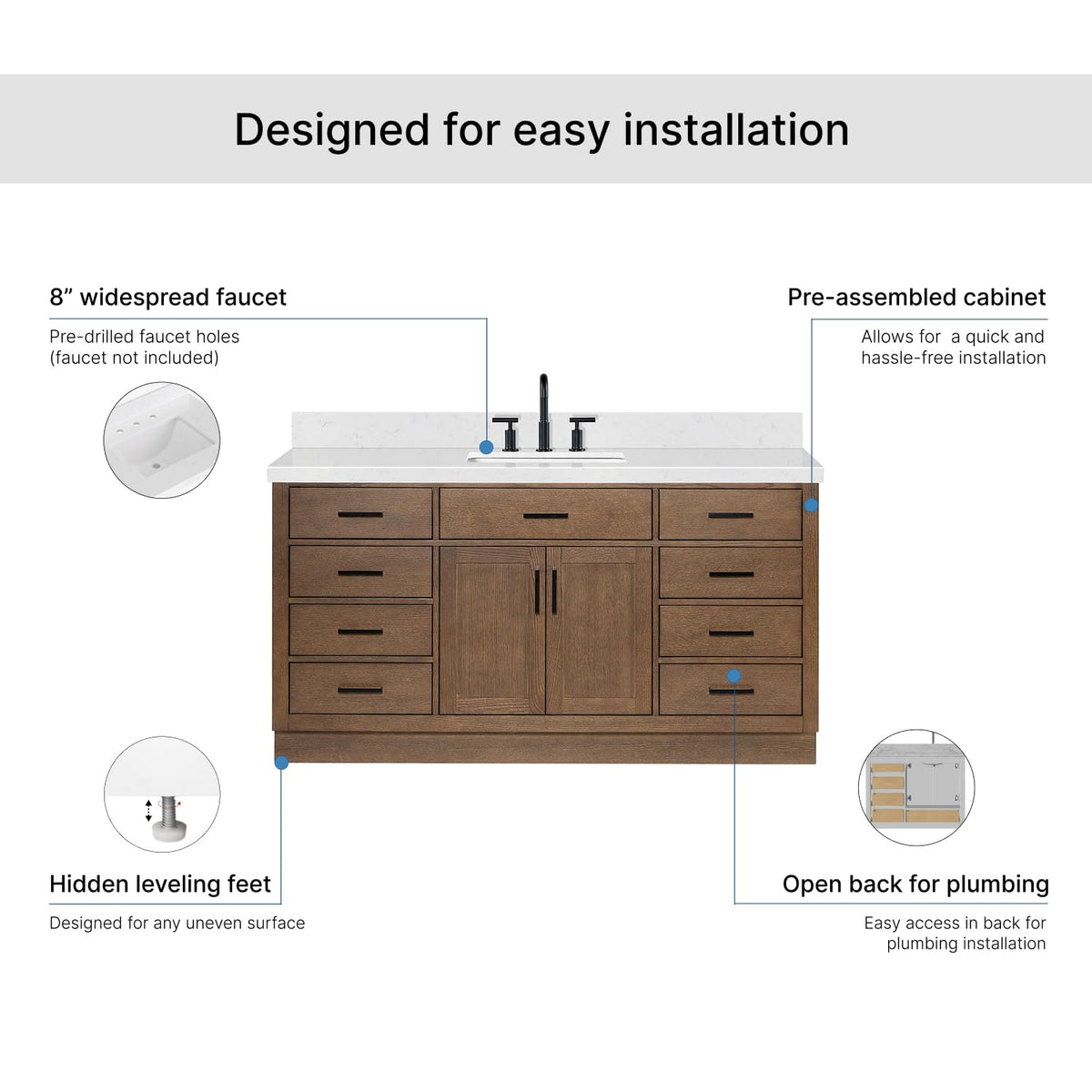ARIEL Hepburn 66-inch Bathroom Vanity with Sink,Solid Wood, 1.5-inch Pure White Quartz Countertop & Backsplash, Single Rectangular Porcelain Sink, 2 Soft Closing Doors, 9 Dovetail Drawers, White