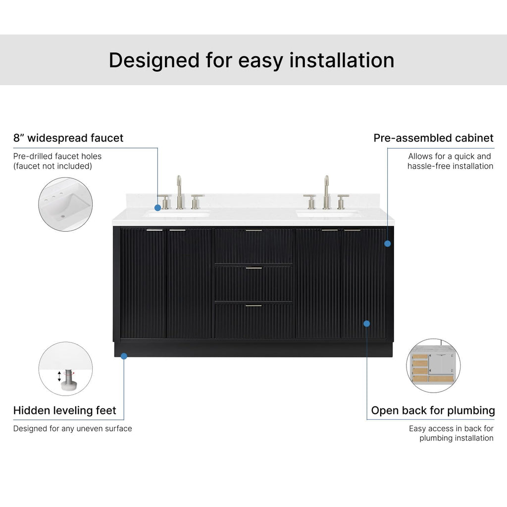 DKB Emilia 72 Inch Bathroom Vanity Double Sink â White Bathroom Vanity with Sink, 1.5" Edge Carrara White Quartz Countertop & Backsplash, 4 Soft-Close Doors, and 6 Dovetail Drawers