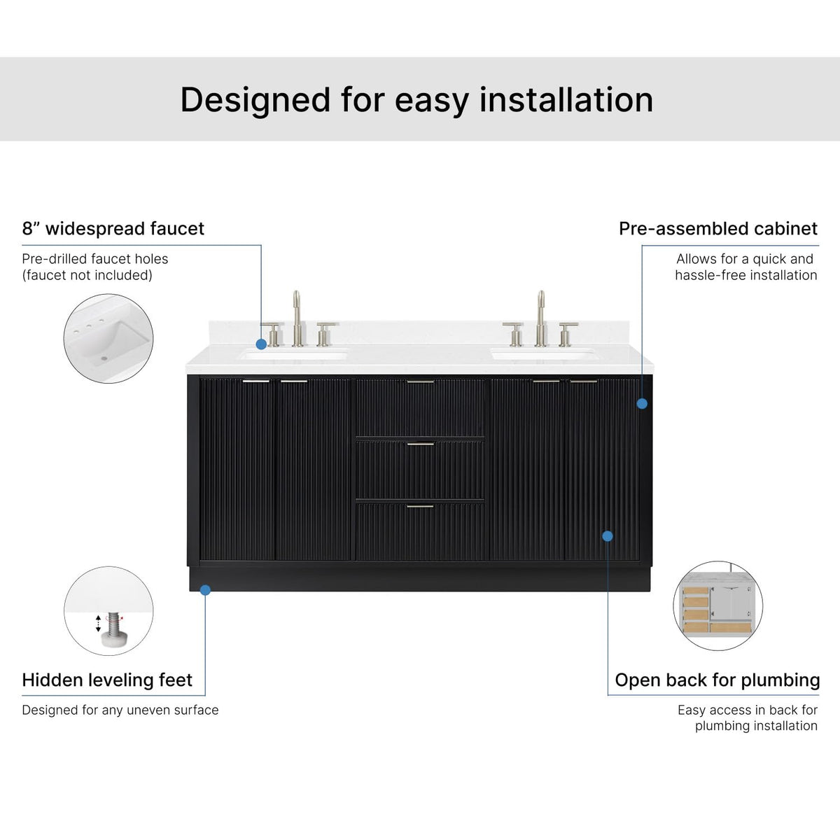 DKB Emilia 72 Inch Bathroom Vanity Double Sink â White Bathroom Vanity with Sink, 1.5" Edge Carrara White Quartz Countertop & Backsplash, 4 Soft-Close Doors, and 6 Dovetail Drawers