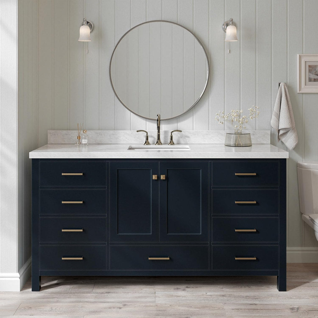 ARIEL Cambridge 66-inch Bathroom Vanity with Sink,Solid Wood, 1.5-inch Italian Carrara Marble Countertop, Single Rectangular Porcelain Sink, 2 Soft Closing Doors, 9 Dovetail Drawers, Midnight Blue
