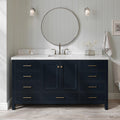 ARIEL Cambridge 66-inch Bathroom Vanity with Sink,Solid Wood, 1.5-inch Italian Carrara Marble Countertop, Single Rectangular Porcelain Sink, 2 Soft Closing Doors, 9 Dovetail Drawers, Midnight Blue