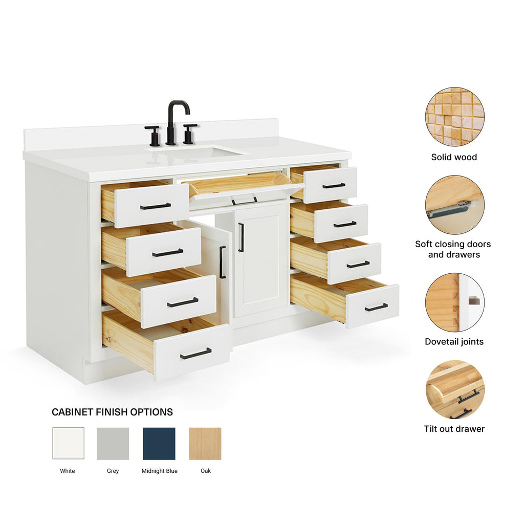 ARIEL Hepburn 60-inch Bathroom Vanity with Sink,Solid Wood, 1.5-inch Carrara White Quartz Countertop & Backsplash, Single Rectangular Porcelain Sink, 2 Soft Closing Doors, 9 Dovetail Drawers, Black