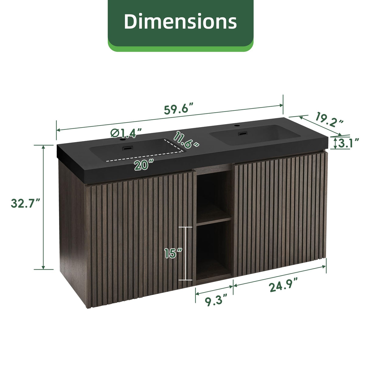 36â Modern Bathroom Vanity with Black Sink, Smoked Brown