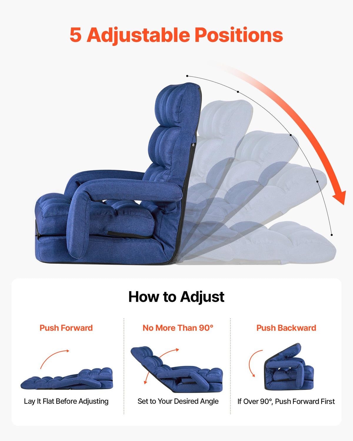 VEVOR Floor Chair, Floor Gaming Chair with 5 Adjustable Position and Back Support, Folding Lounge Chair with Armrest for Adults, Sofa Lounger with Comfy Cushion for Living Room and Bedroom, Gray