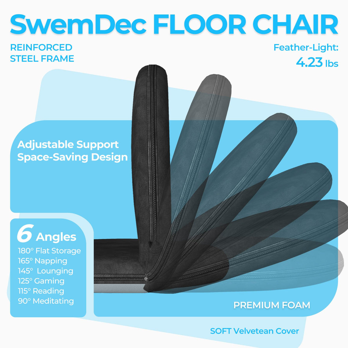 2Pcs Folding Floor Chair with 5-Position Adjustable Back Support, Blue