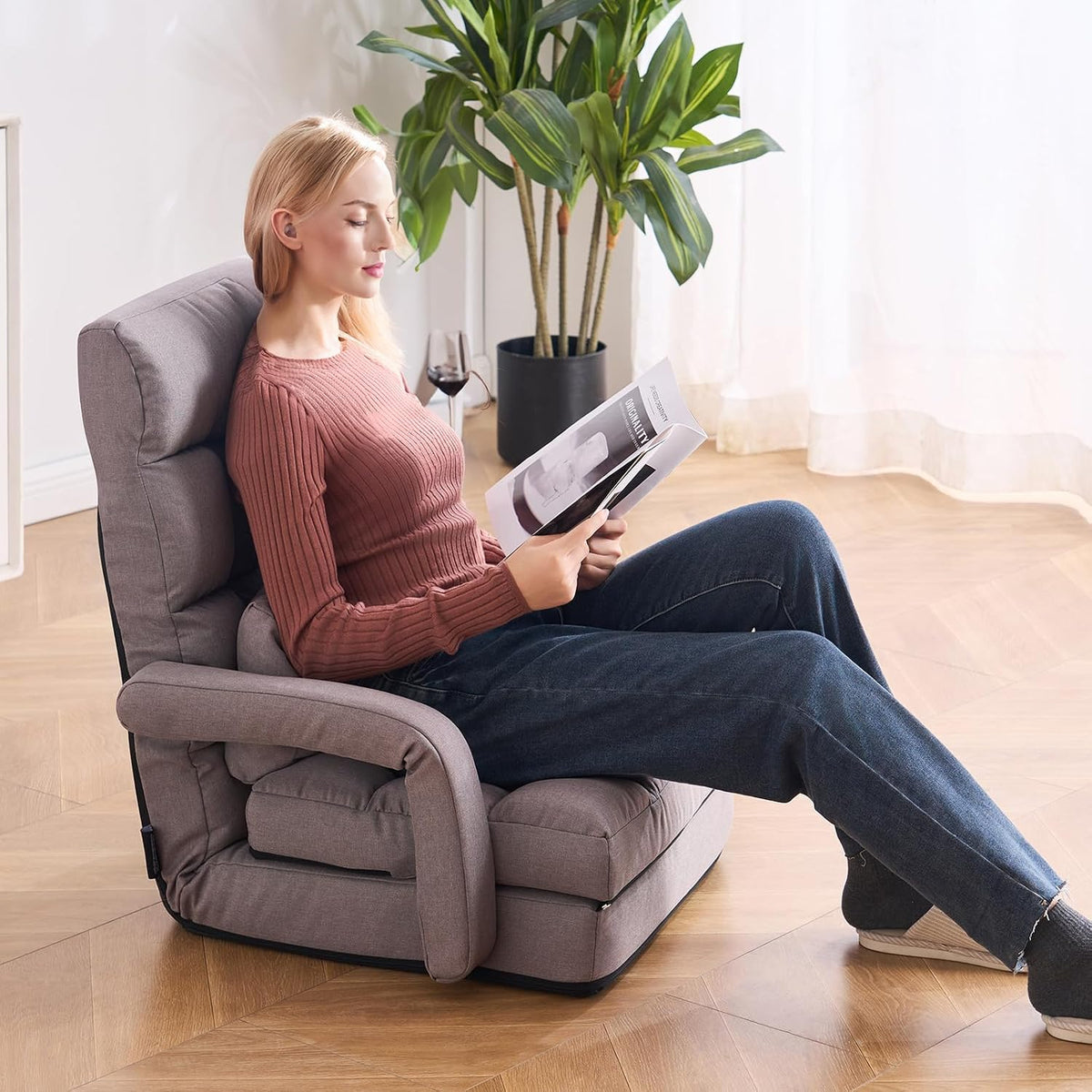 VEVOR Floor Chair, Floor Gaming Chair with 5 Adjustable Position and Back Support, Folding Lounge Chair with Armrest for Adults, Sofa Lounger with Comfy Cushion for Living Room and Bedroom, Gray