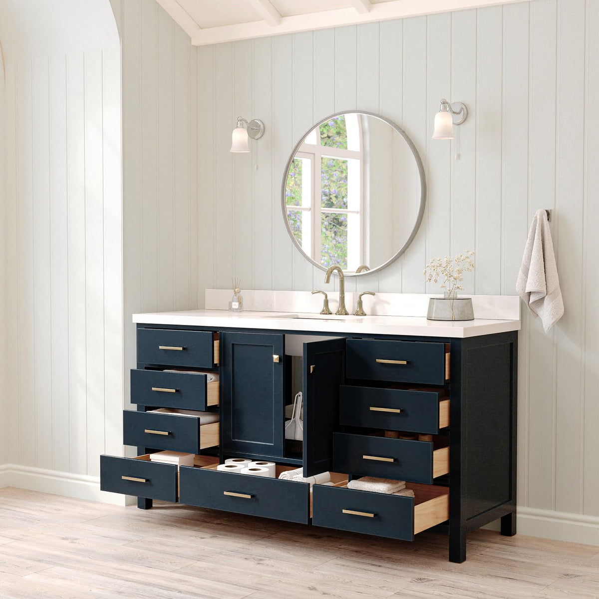 ARIEL Cambridge 66-inch Bathroom Vanity with Sink,Solid Wood, 1.5-inch Italian Carrara Marble Countertop, Single Rectangular Porcelain Sink, 2 Soft Closing Doors, 9 Dovetail Drawers, Midnight Blue