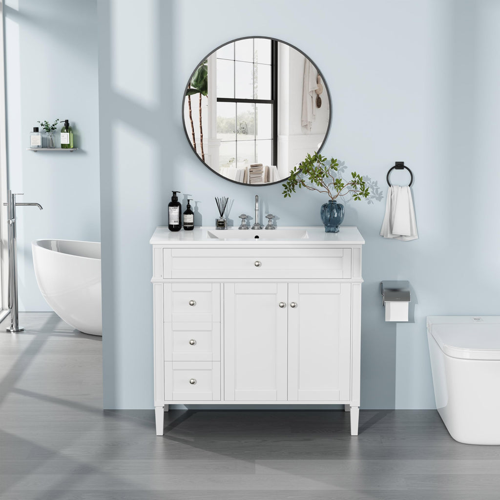 30" Bathroom Vanity with Sink, Solid Wood Frame Modern with Charging Station, Bathroom Single Sink Cabinet with 2 Drawers and 1 Doors, Gold Metal Handles, Black