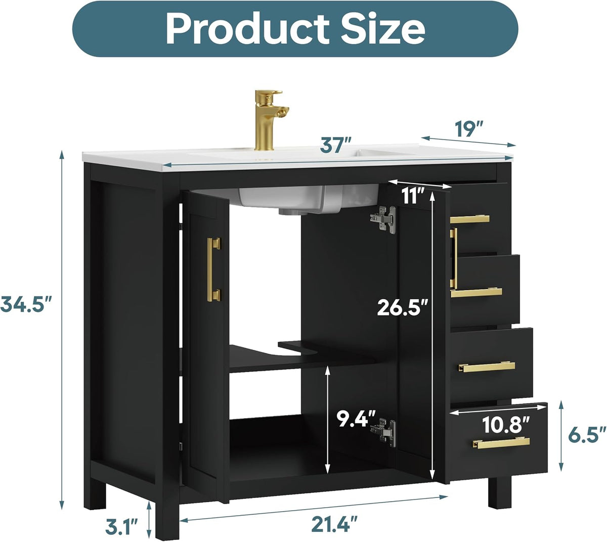 36 Inch Modern Bathroom Vanity with Sink, Black