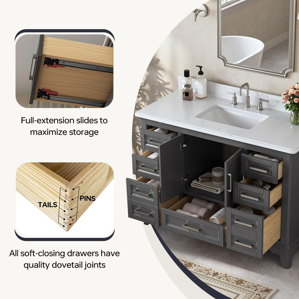 42 Inch Bathroom Vanity with Sink, Pre Assembled, White