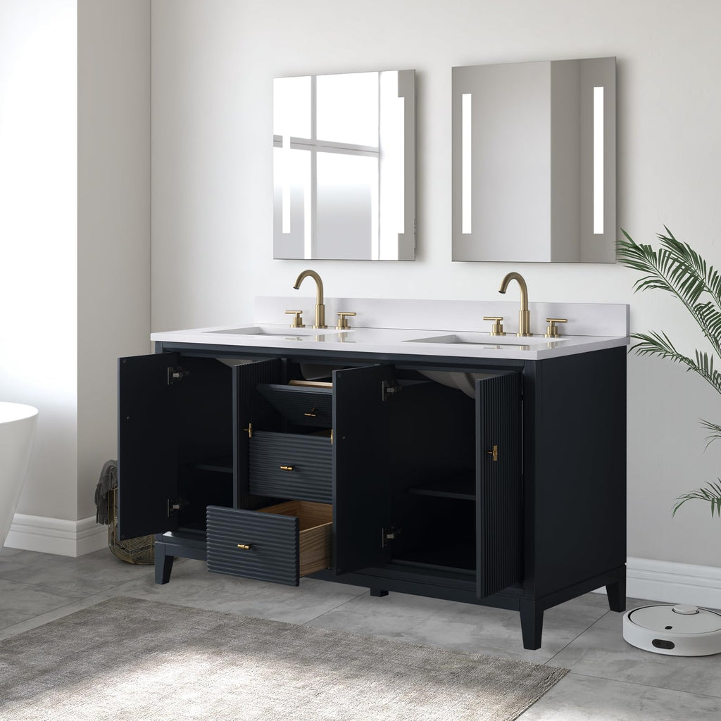 Vanity Art 72" Bathroom Vanity with Double Sink & Arabescato White Engineered Stone Top, Vanity Cabinet with Soft Closing Door, Solid Wood Frame, Golden Brushed Handles, Walnut VA8172D-Walnut-GB