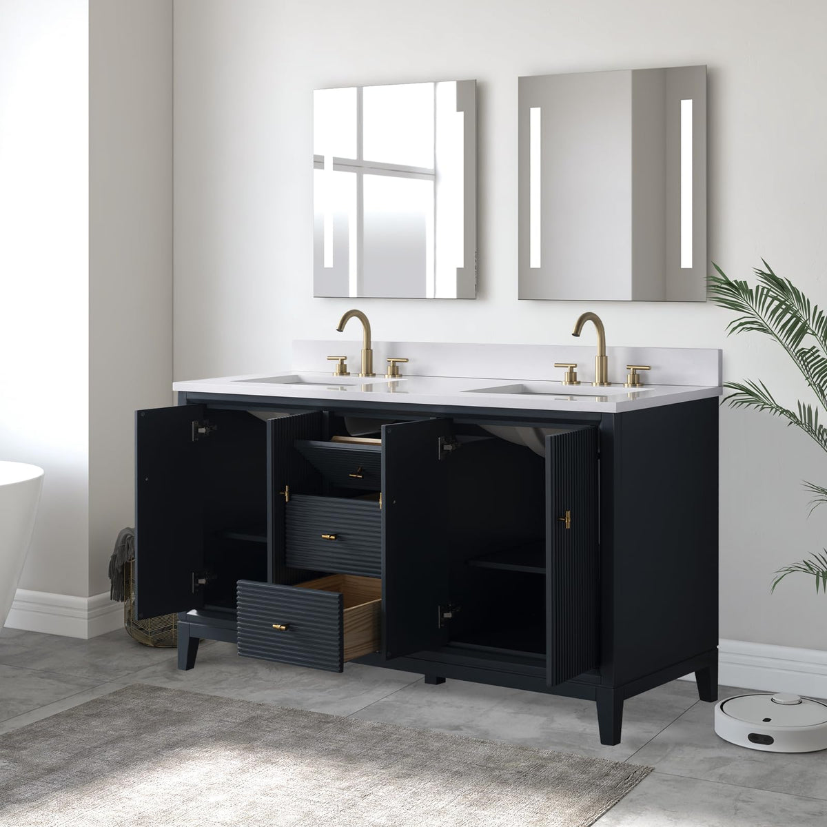 Vanity Art 72" Bathroom Vanity with Double Sink & Arabescato White Engineered Stone Top, Vanity Cabinet with Soft Closing Door, Solid Wood Frame, Golden Brushed Handles, Walnut VA8172D-Walnut-GB