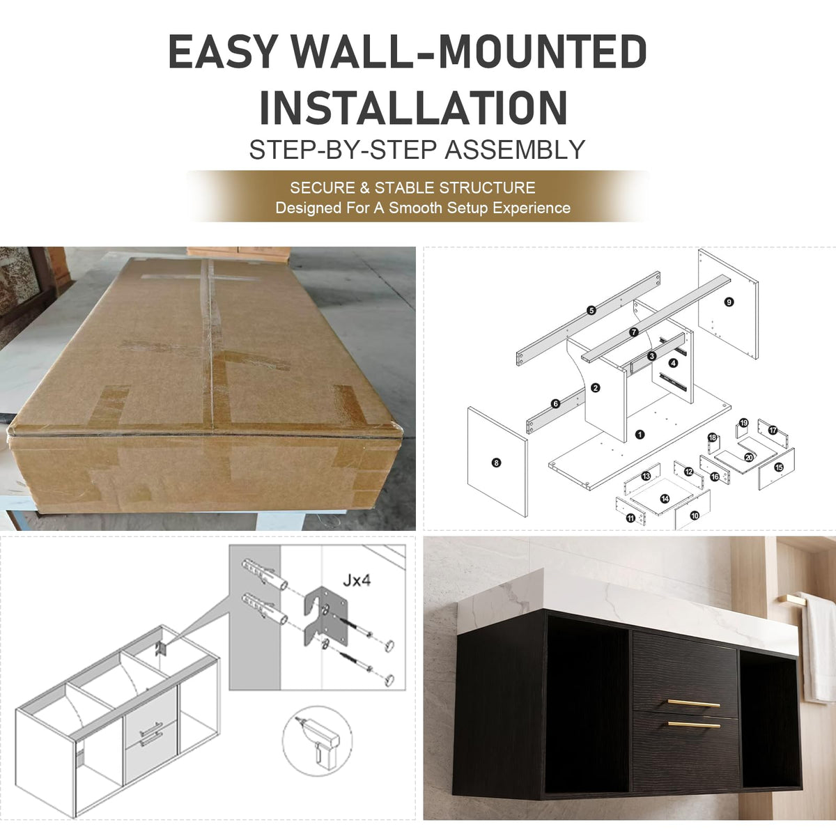 36 Inch Bathroom Vanity with Sink, Black Floating Wall Mounted Vanity
