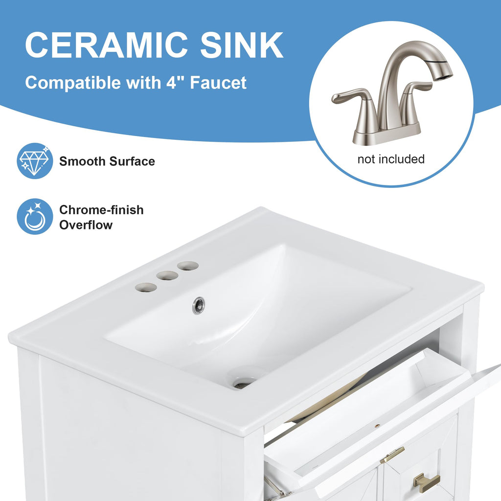 36 Inch Bathroom Vanities with Undermount Ceramic Sink, Storage Cabinet with Soft Closing Doors and Three Drawers, Solid Wood Frame, Natural Wood