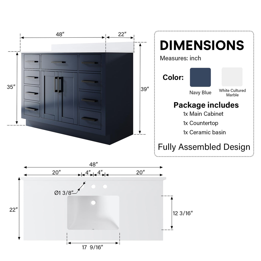 WELLFOR 36-Inch Bathroom Vanity with Sink W/ 2 Doors & 4 Drawers & 1 Flip Drawer,Navy Blue Vanity W/Matte Black Handles
