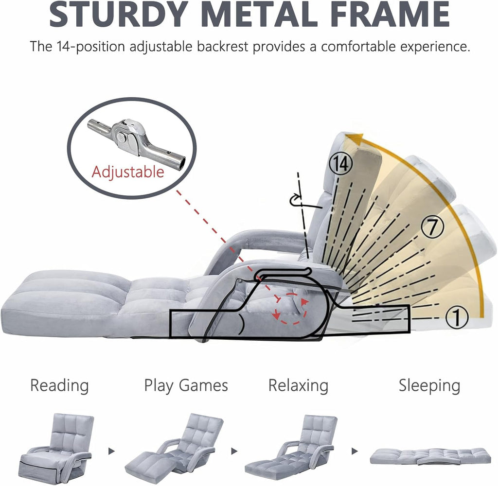 Velvet Adjustable Floor Gaming Chair with 14-Positions, Folding Floor Chair with Back Support, Indoor Floor Chairs with Armrest for Living Room, Bedroom, Balcony, Grey