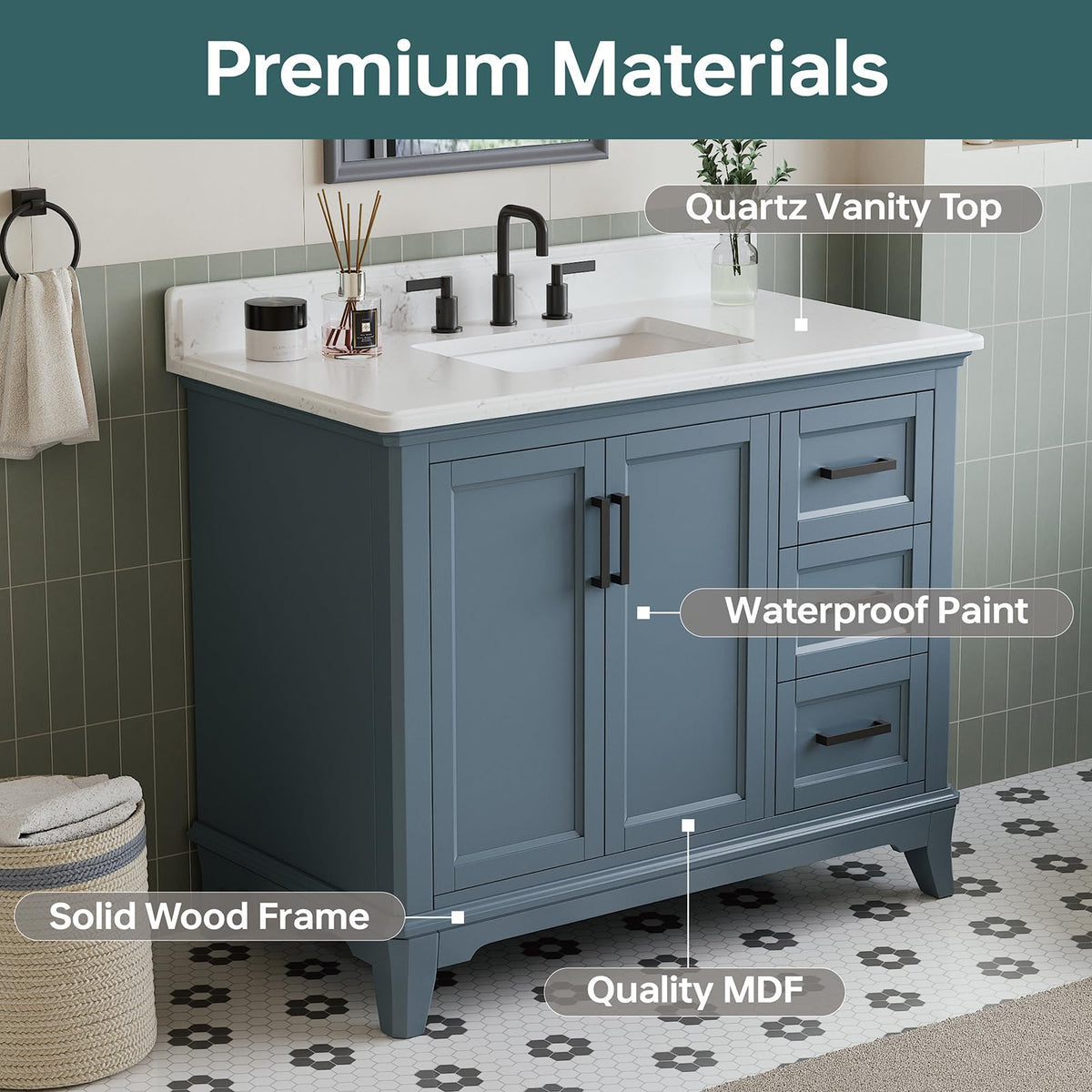 60 Inch Bathroom Vanity Double Sink, Steel Blue