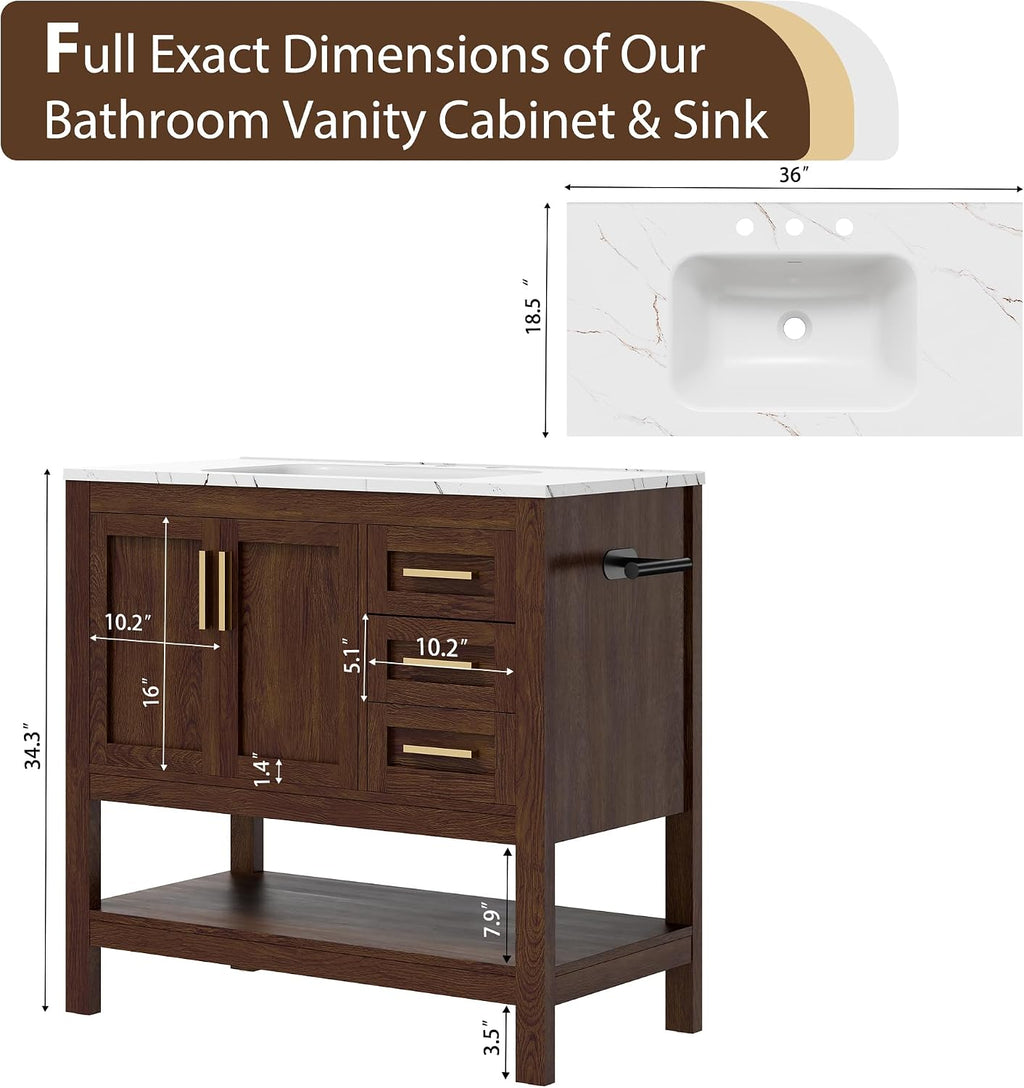 36 Inch Bathroom Vanity with Sink, Saw Cut Brown