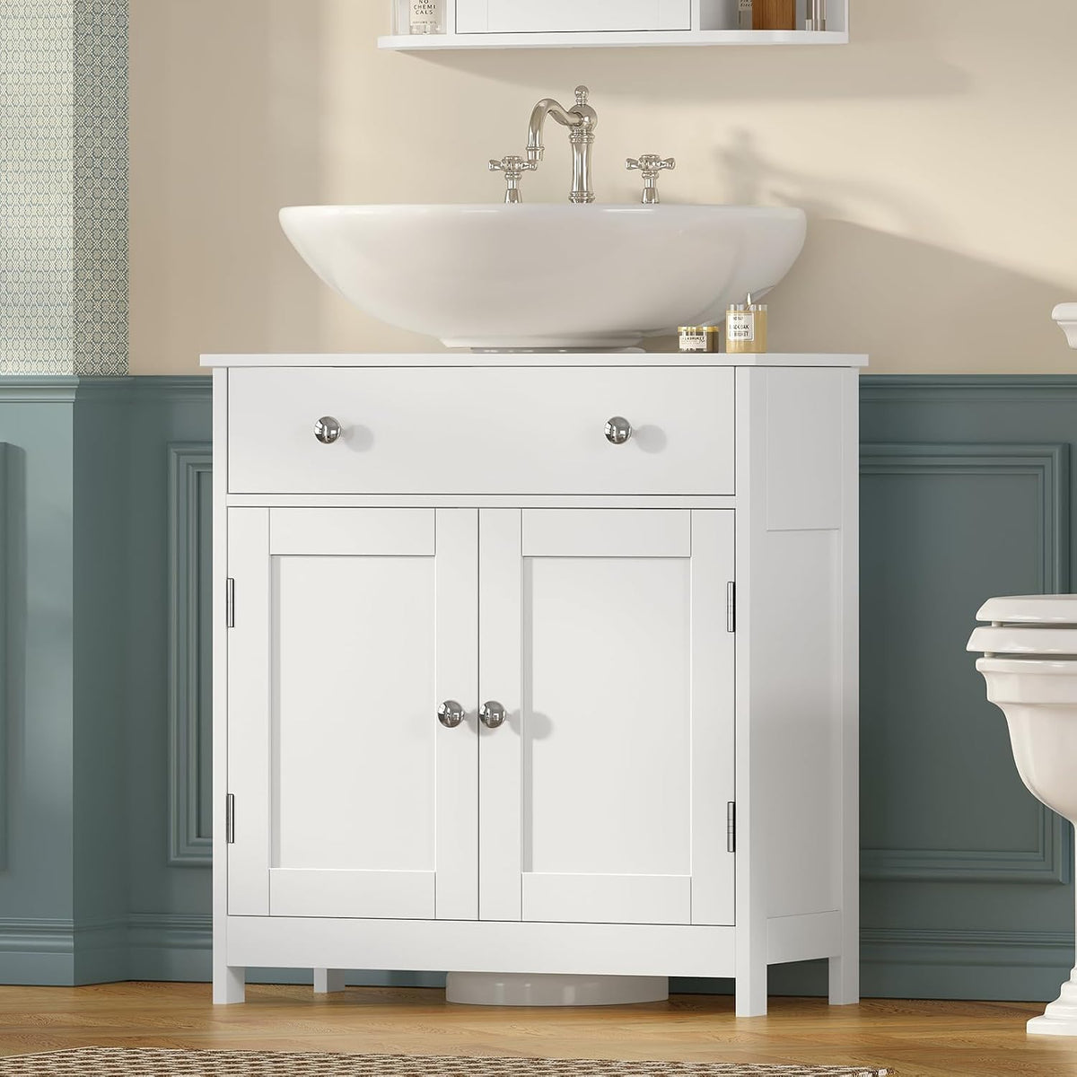 TEENFON Pedestal Sink Storage Cabinet with 2 Doorsand Drawer, Bathroom Sink Cabinet, Under Sink Storage with U-Shape Cut-Out, White