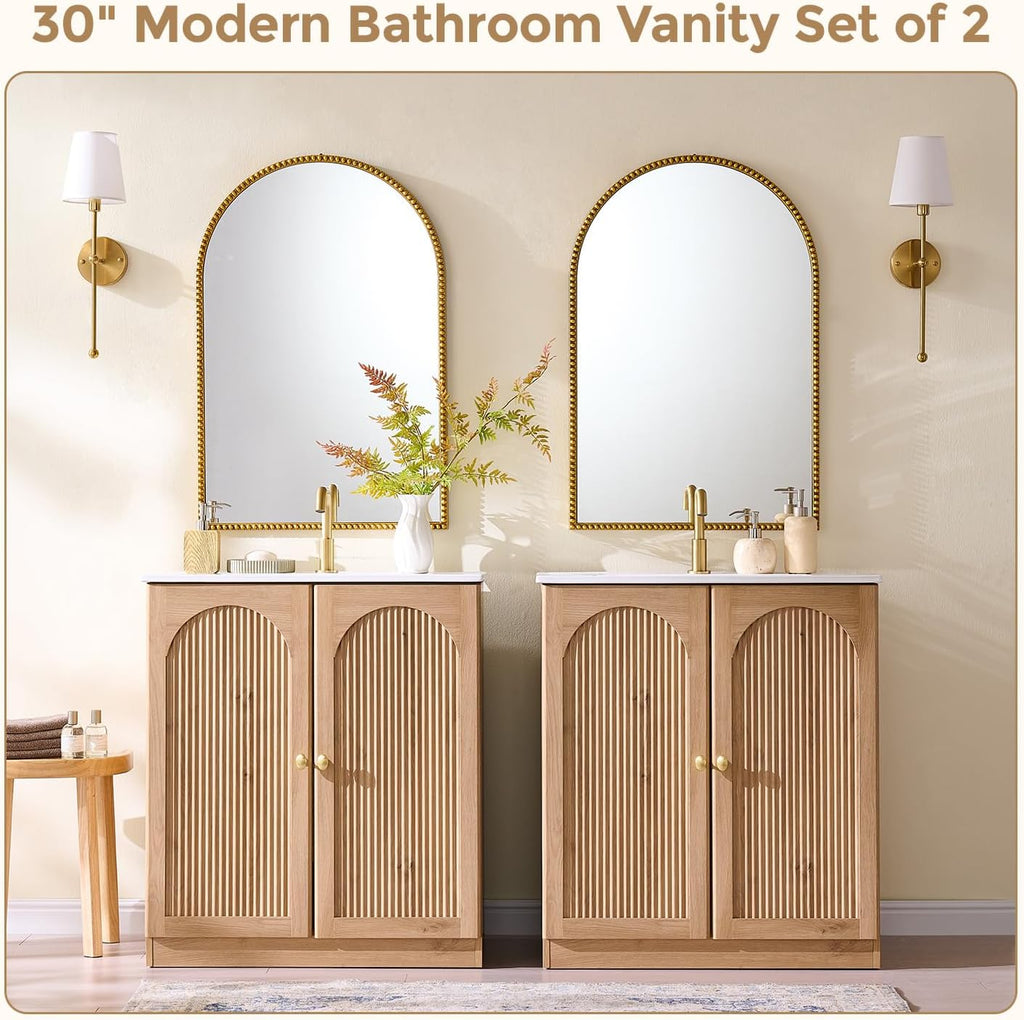 IFBUY 30 Inch Arched Bathroom Vanity with Sink, Fluted Design, Natural Oak