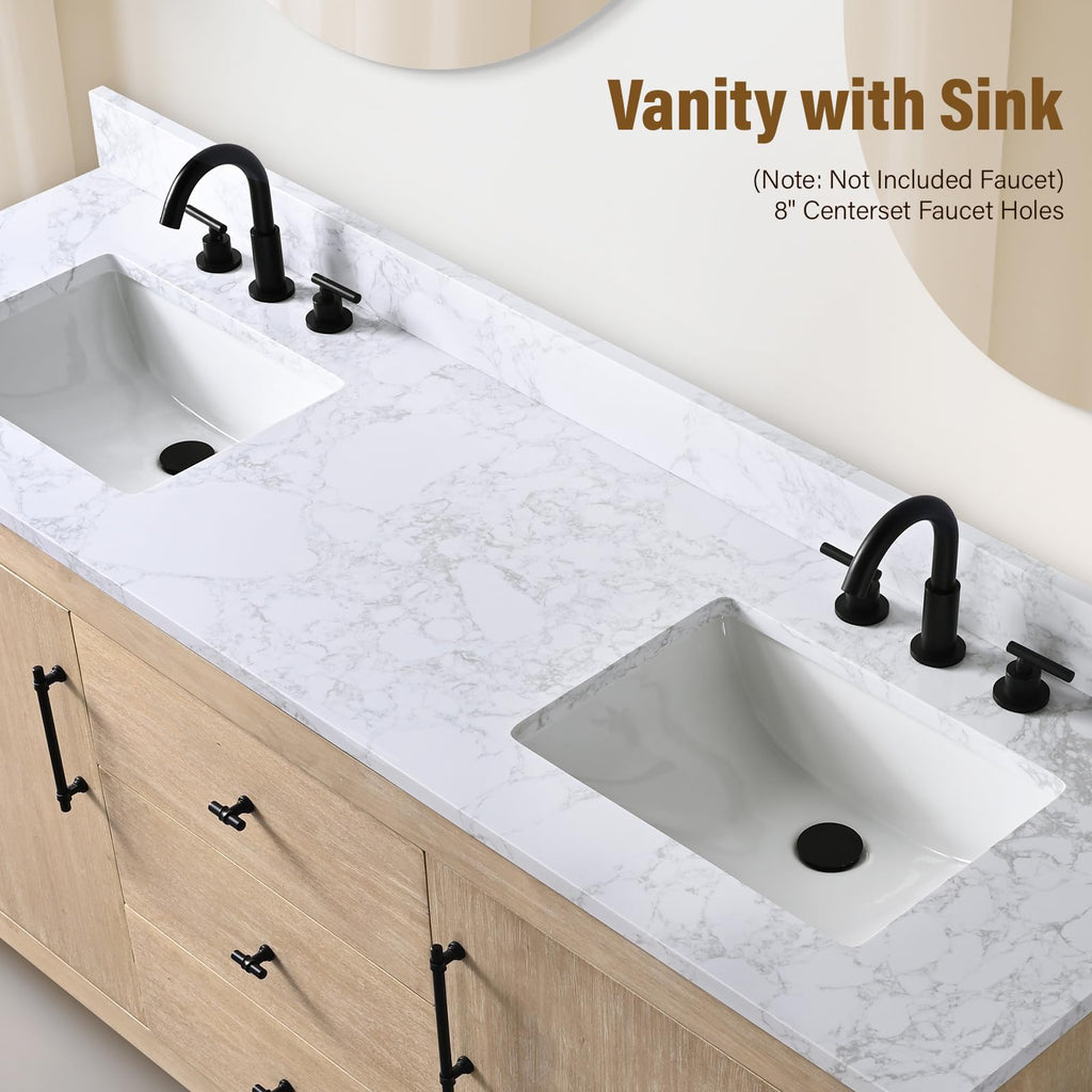 HOMEBEYOND 72" Bathroom Vanity with Double Sink & Ceramic Top, MDF Material Vanity Cabinet with Basin Combo, Soft-Closing Doors, Removable Shelf, Backsplash, Tan