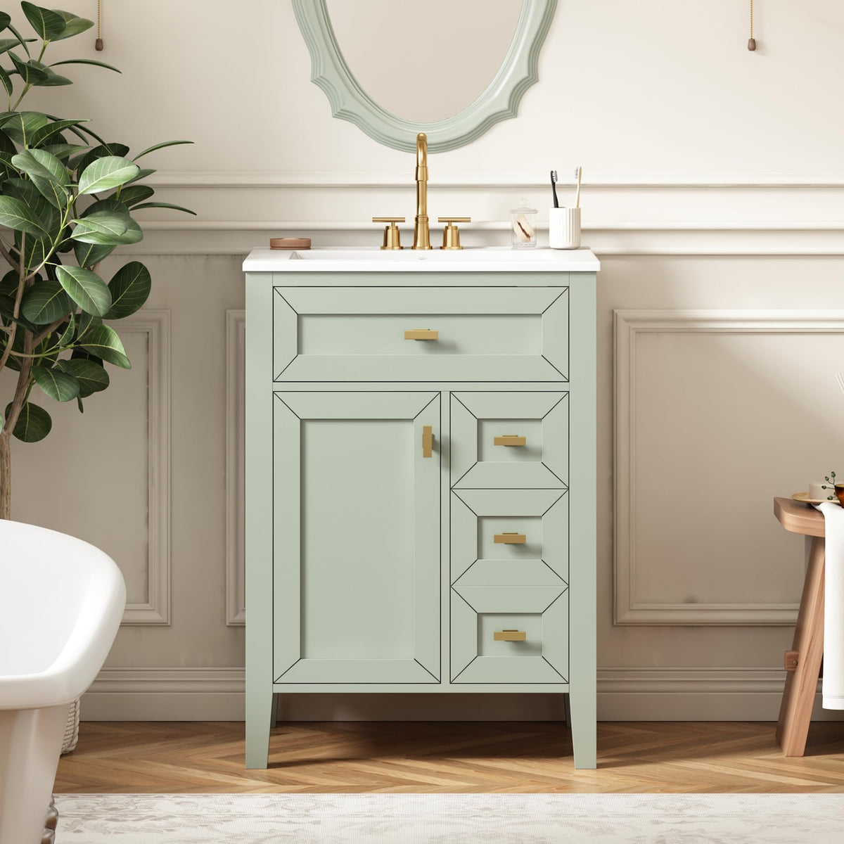 36 Inch Bathroom Vanities with Undermount Ceramic Sink, Storage Cabinet with Soft Closing Doors and Three Drawers, Solid Wood Frame, Natural Wood