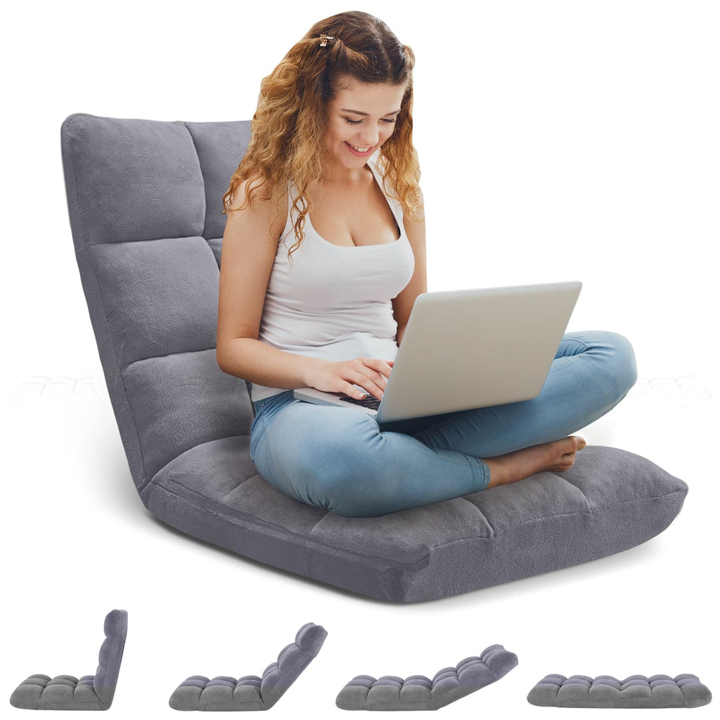 Folding Floor Gaming Chair 14-Poistion Cushioned Adjustable Floor Lazy Sofa Chair w/Breathable Cotton & Skin-Friendly Velvet for Adults & Kids Perfect for Reading Gaming Meditating, Darkblue