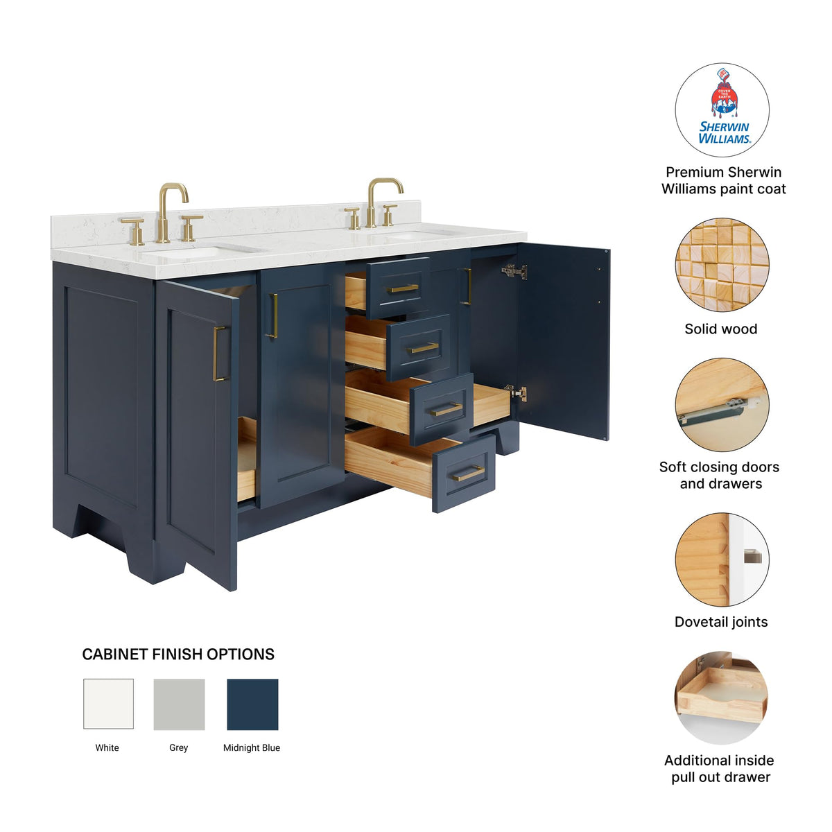 DKB Emilia 72 Inch Bathroom Vanity Double Sink â White Bathroom Vanity with Sink, 1.5" Edge Carrara White Quartz Countertop & Backsplash, 4 Soft-Close Doors, and 6 Dovetail Drawers