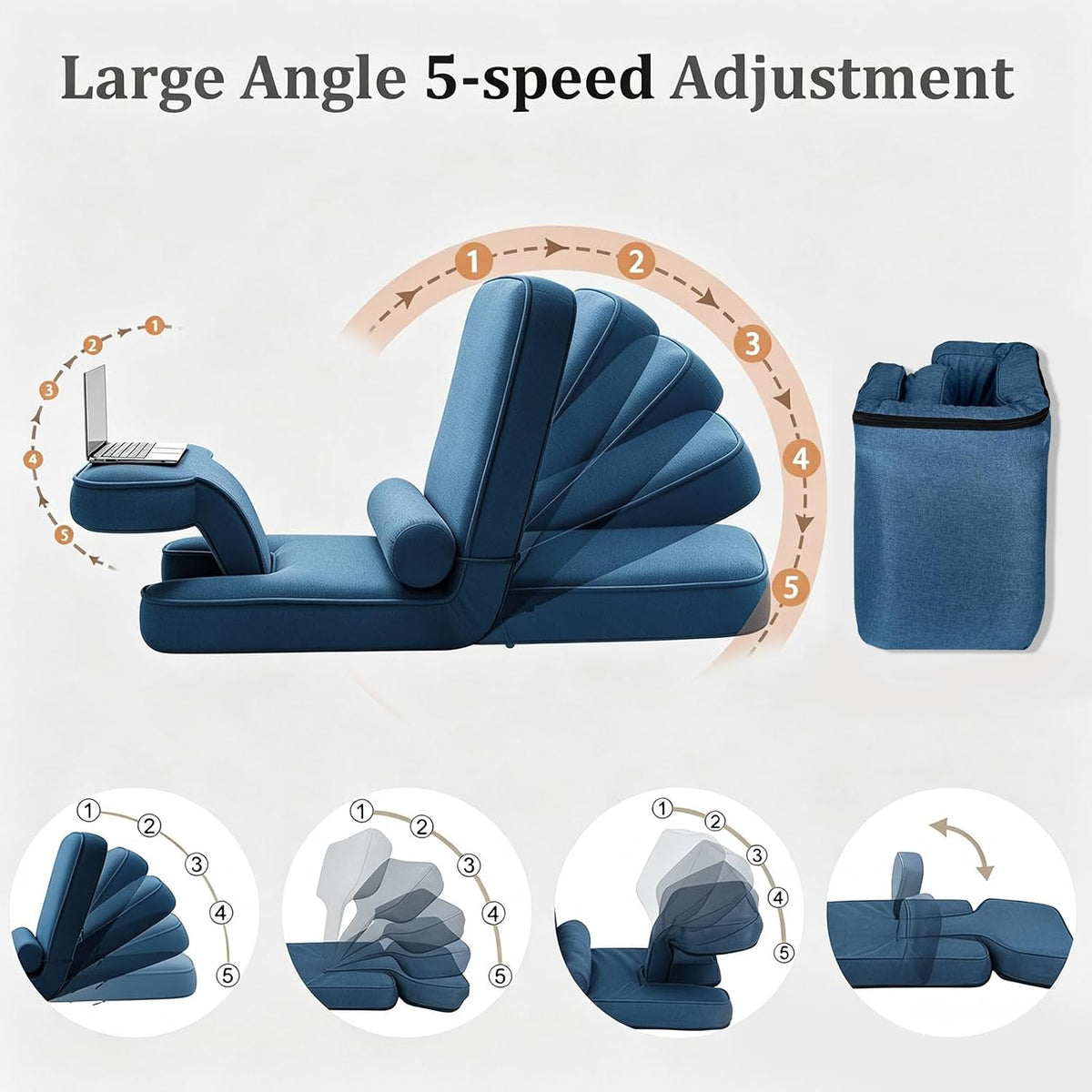 ZALL Navy Blue Floor Folding Recliner Chair Adjustable Back Support Home