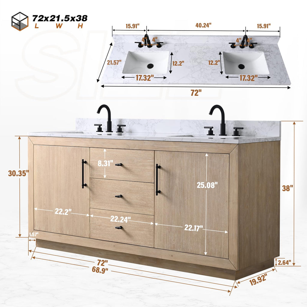 HOMEBEYOND 72" Bathroom Vanity with Double Sink & Ceramic Top, MDF Material Vanity Cabinet with Basin Combo, Soft-Closing Doors, Removable Shelf, Backsplash, Tan