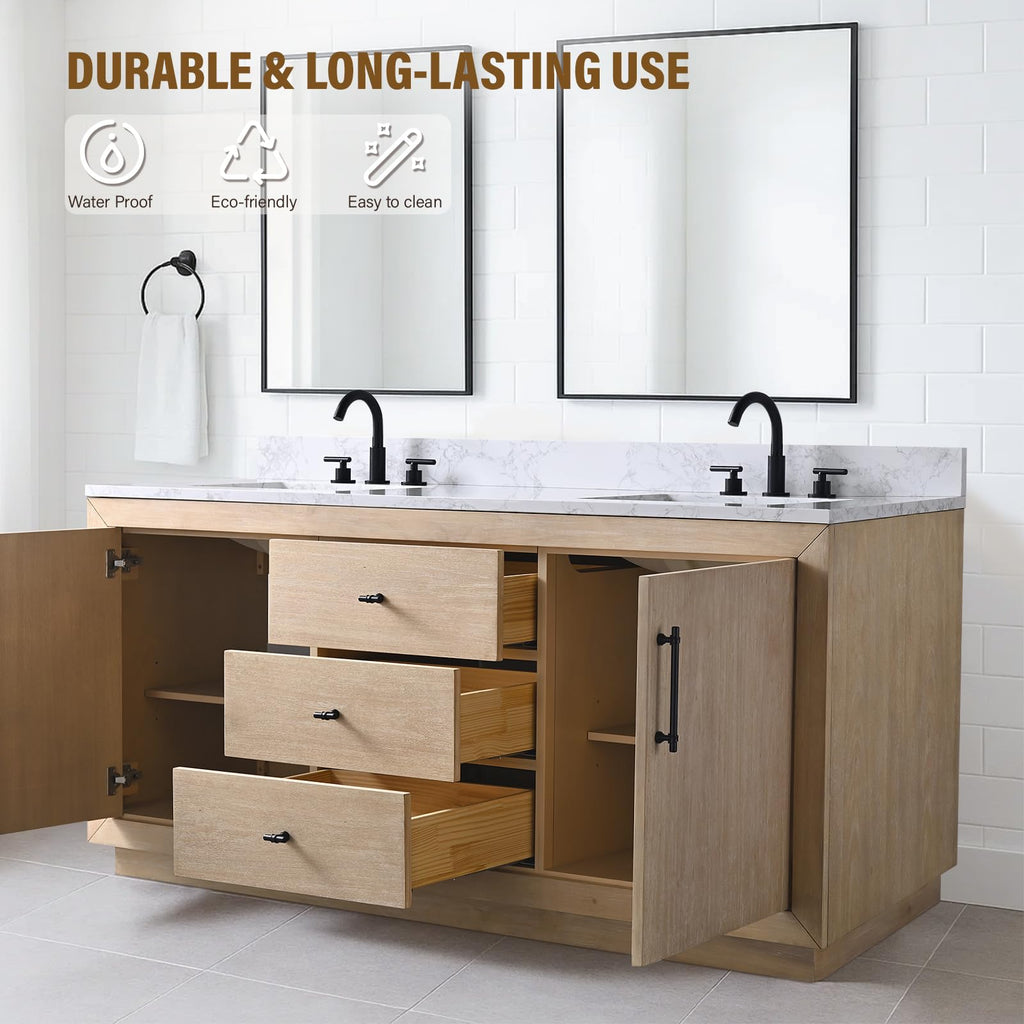 HOMEBEYOND 72" Bathroom Vanity with Double Sink & Ceramic Top, MDF Material Vanity Cabinet with Basin Combo, Soft-Closing Doors, Removable Shelf, Backsplash, Tan