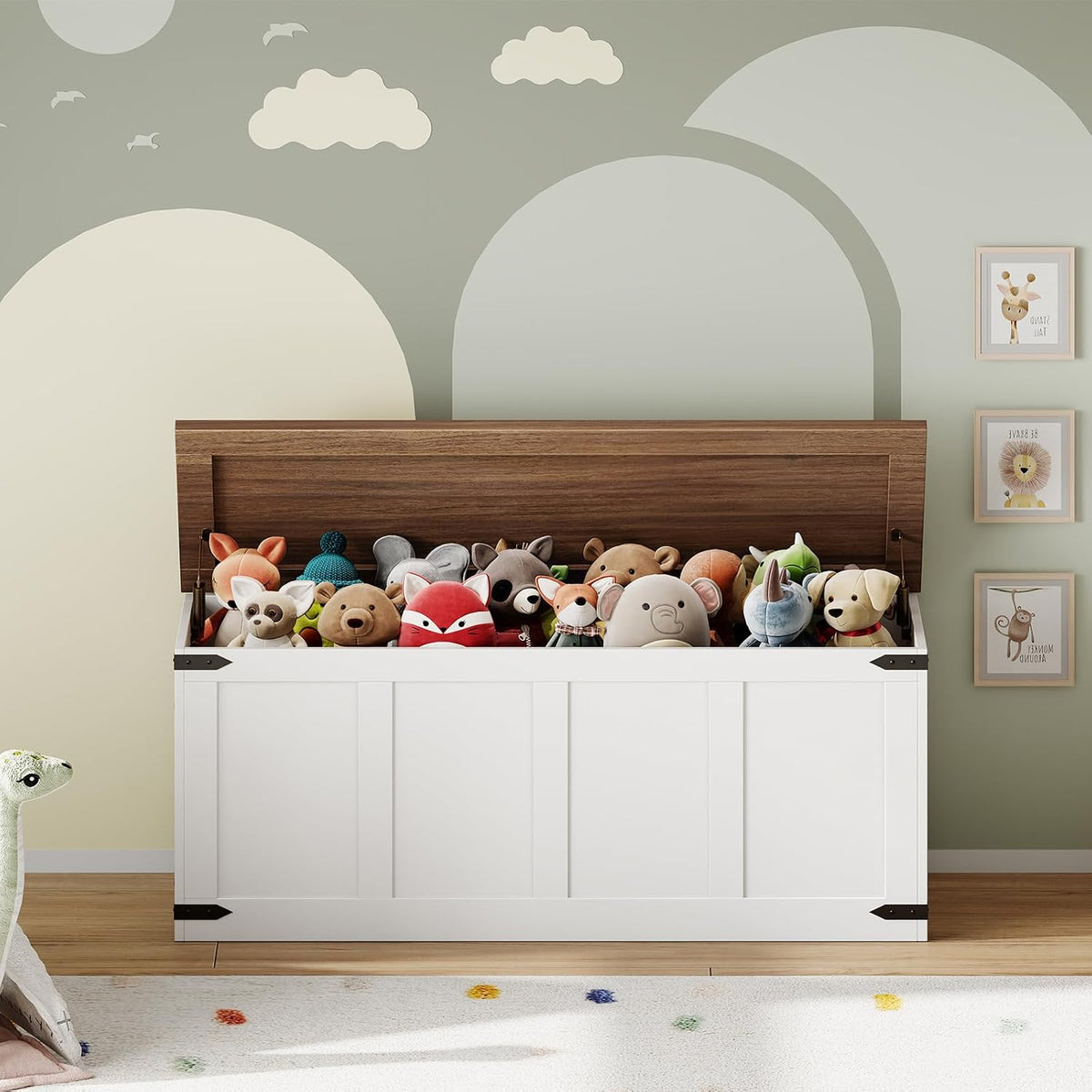 HOOBRO 47.2âStorage Bench Large, Toy Box with 2 Safety Hinges, Farmhouse Wooden Storage Chest, Easy Assembly for Bedroom, Living Room, Entryway, White and Walnut WH520CW01