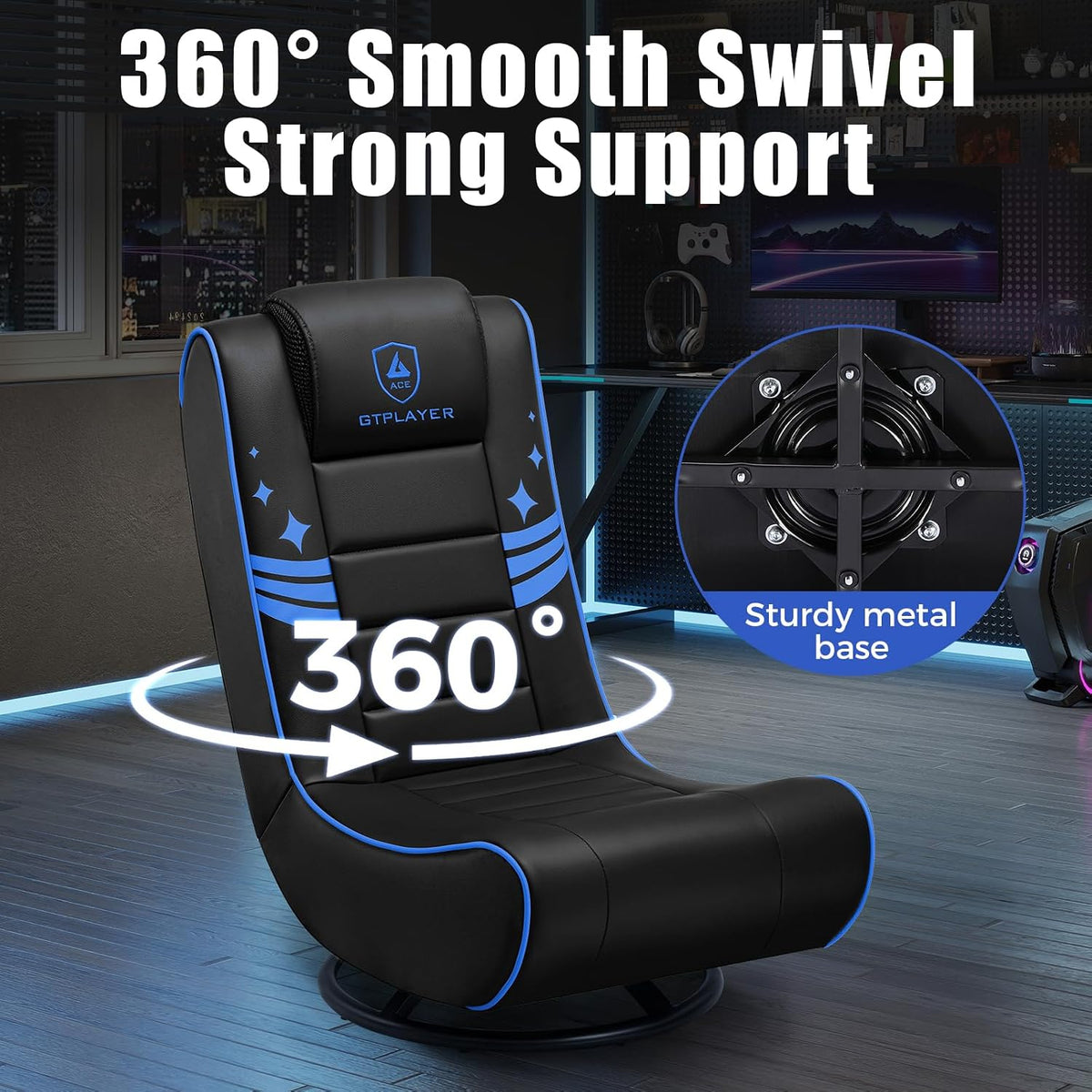GTPLAYER Floor Gaming Chair Foldable Swivel Floor Chairs for Kids Boys Comfy Video Game Seat with 360Â° Multipurpose for Gamers, Bedroom or Game Room(Black-Blue)