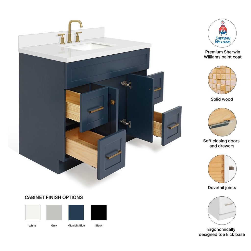 DKB Beckford 42-Inch White Bathroom Vanity with Sink, Solid Wood Base Cabinet, 1.5" White Quartz Countertop, Rectangular Sink, 2 Soft Closing Doors, 9 Drawers
