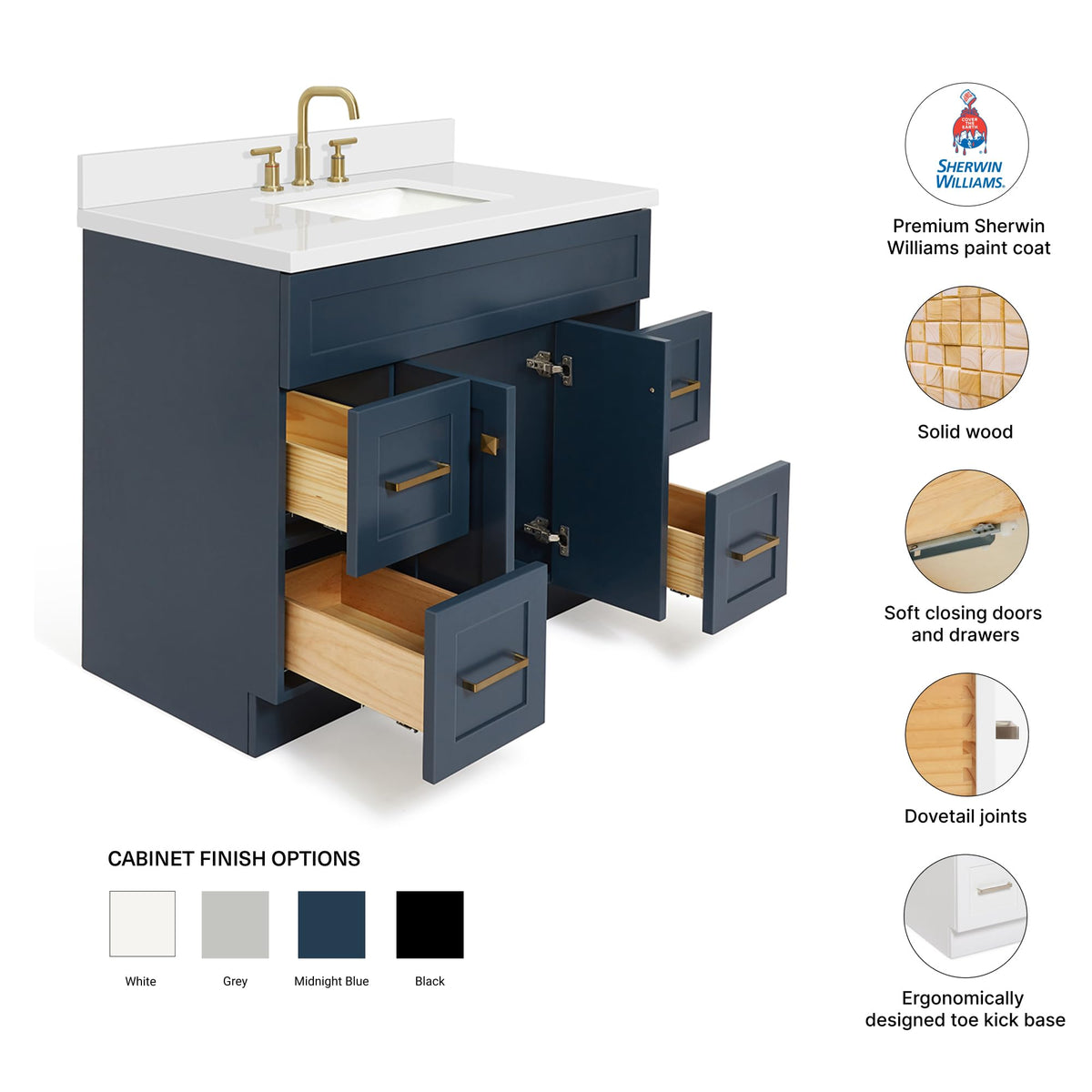 DKB Beckford 42-Inch White Bathroom Vanity with Sink, Solid Wood Base Cabinet, 1.5" White Quartz Countertop, Rectangular Sink, 2 Soft Closing Doors, 9 Drawers