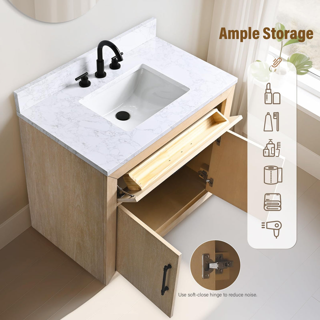 HOMEBEYOND 72" Bathroom Vanity with Double Sink & Ceramic Top, MDF Material Vanity Cabinet with Basin Combo, Soft-Closing Doors, Removable Shelf, Backsplash, Tan