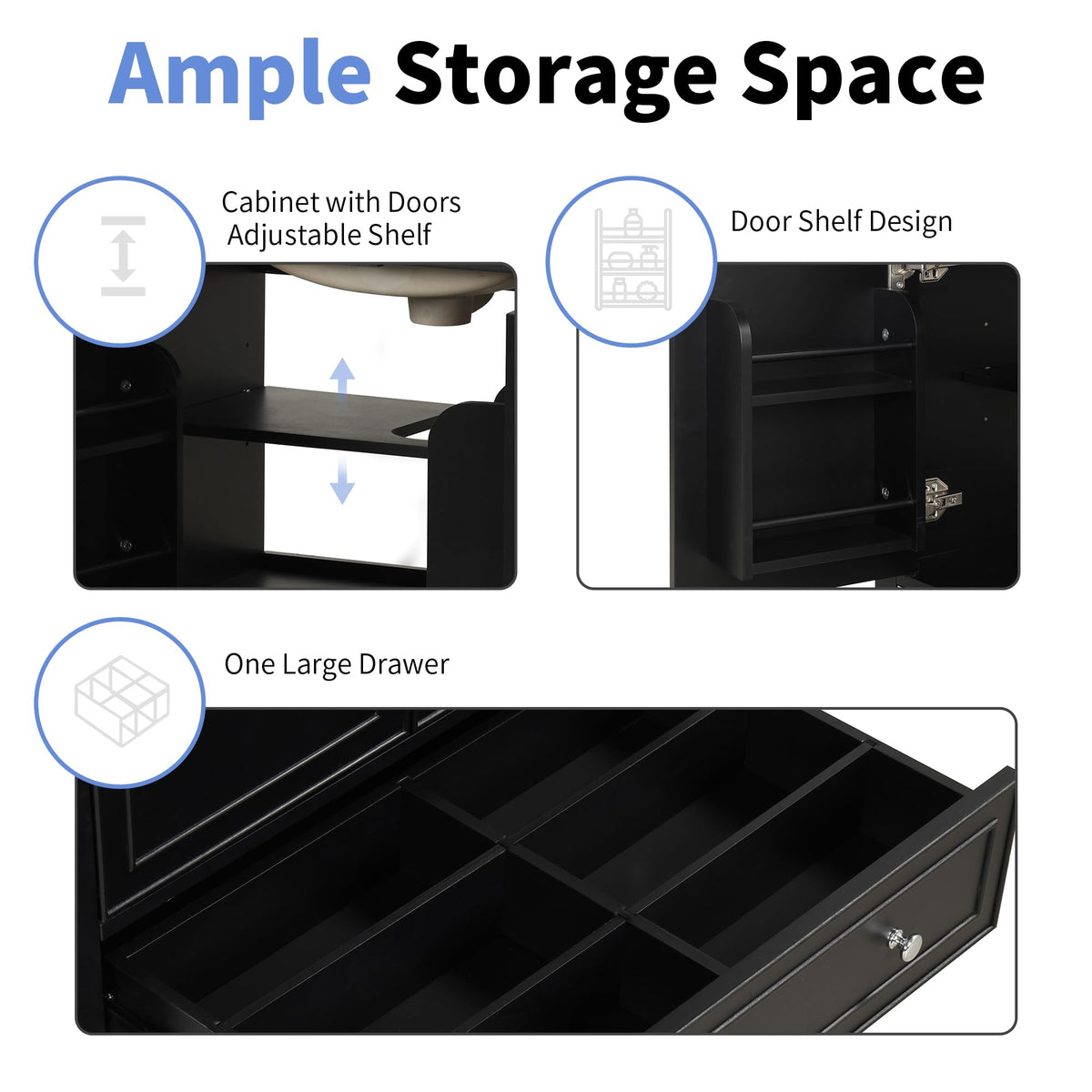 30" Bathroom Vanity Cabinet with Undermount Sink, Storage Rack Shelf, Multi-Functional Drawer Divider, Soft Closing Doors, Black