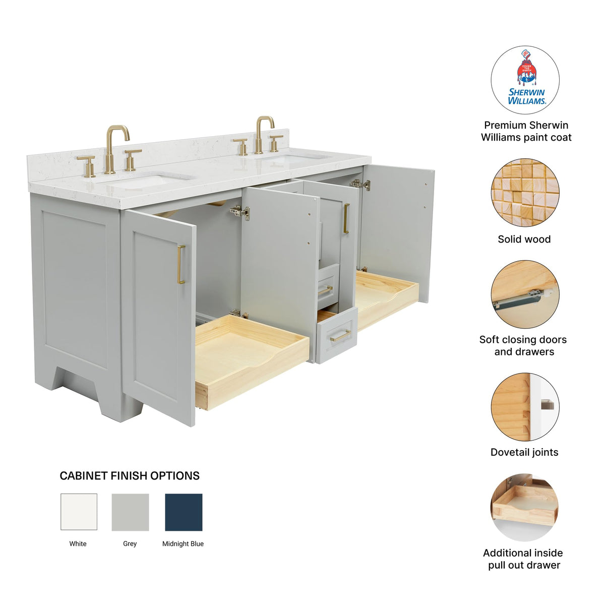 DKB Emilia 72 Inch Bathroom Vanity Double Sink â White Bathroom Vanity with Sink, 1.5" Edge Carrara White Quartz Countertop & Backsplash, 4 Soft-Close Doors, and 6 Dovetail Drawers