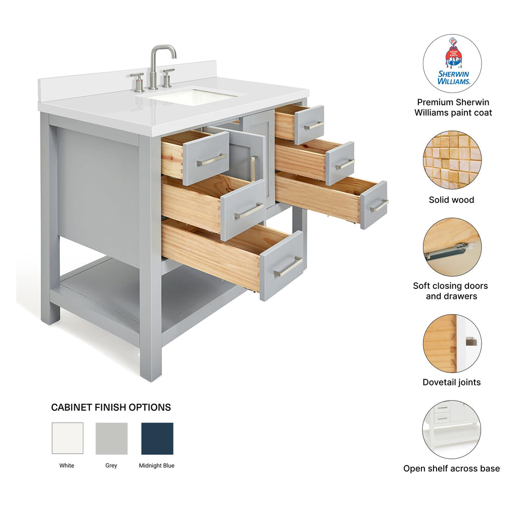 DKB Beckford 42-Inch White Bathroom Vanity with Sink, Solid Wood Base Cabinet, 1.5" White Quartz Countertop, Rectangular Sink, 2 Soft Closing Doors, 9 Drawers