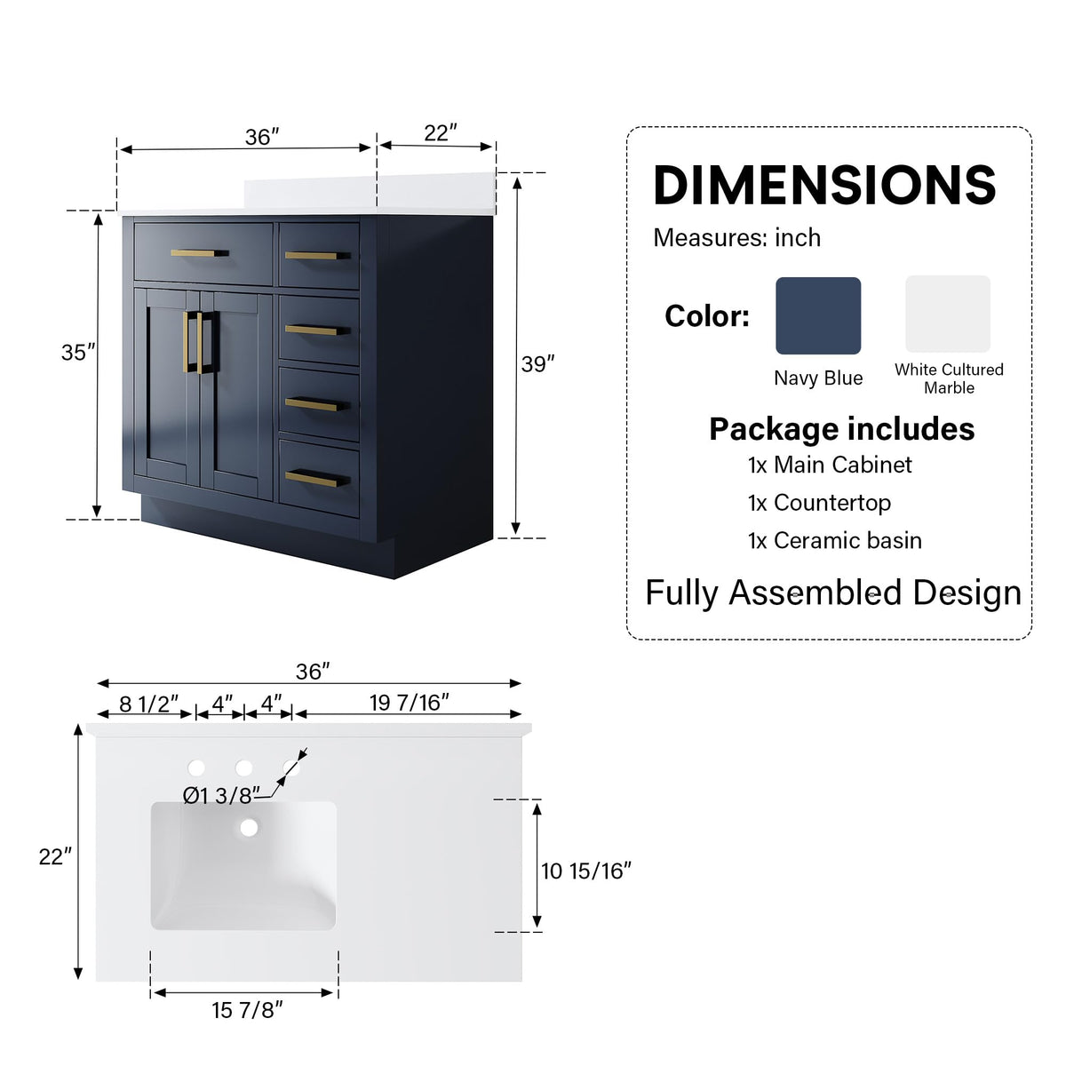 WELLFOR 36-Inch Bathroom Vanity with Sink W/ 2 Doors & 4 Drawers & 1 Flip Drawer,Navy Blue Vanity W/Matte Black Handles