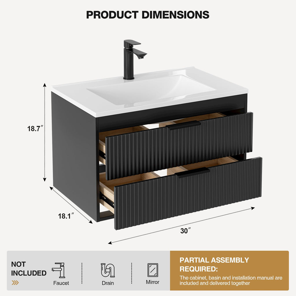 24 Inches Modern MDF Bathroom Vanity with Sink, Wall Mounted Floating Cabinets w/Double Drawers, Black Handles, White Resin Sink Combo Set (Black, 24")