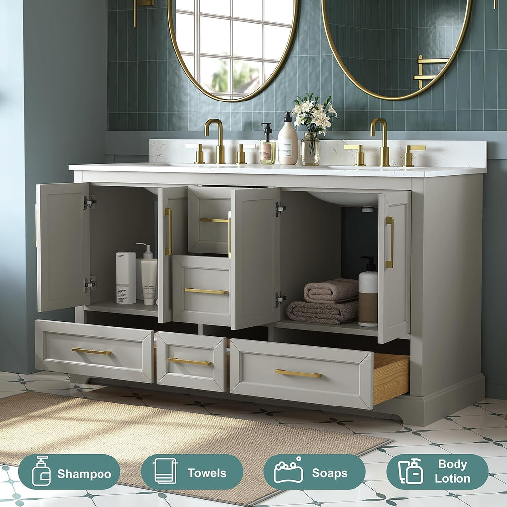 60 Inch Bathroom Vanity with Double Sink Combo, Greige