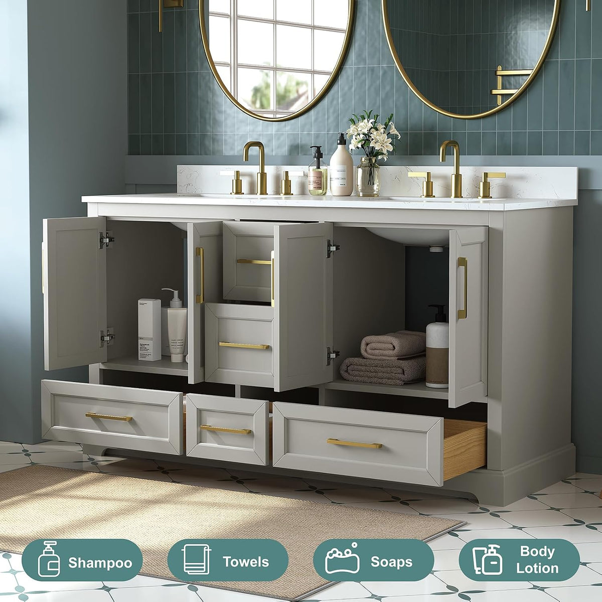 60 Inch Bathroom Vanity with Double Sink Combo, Greige