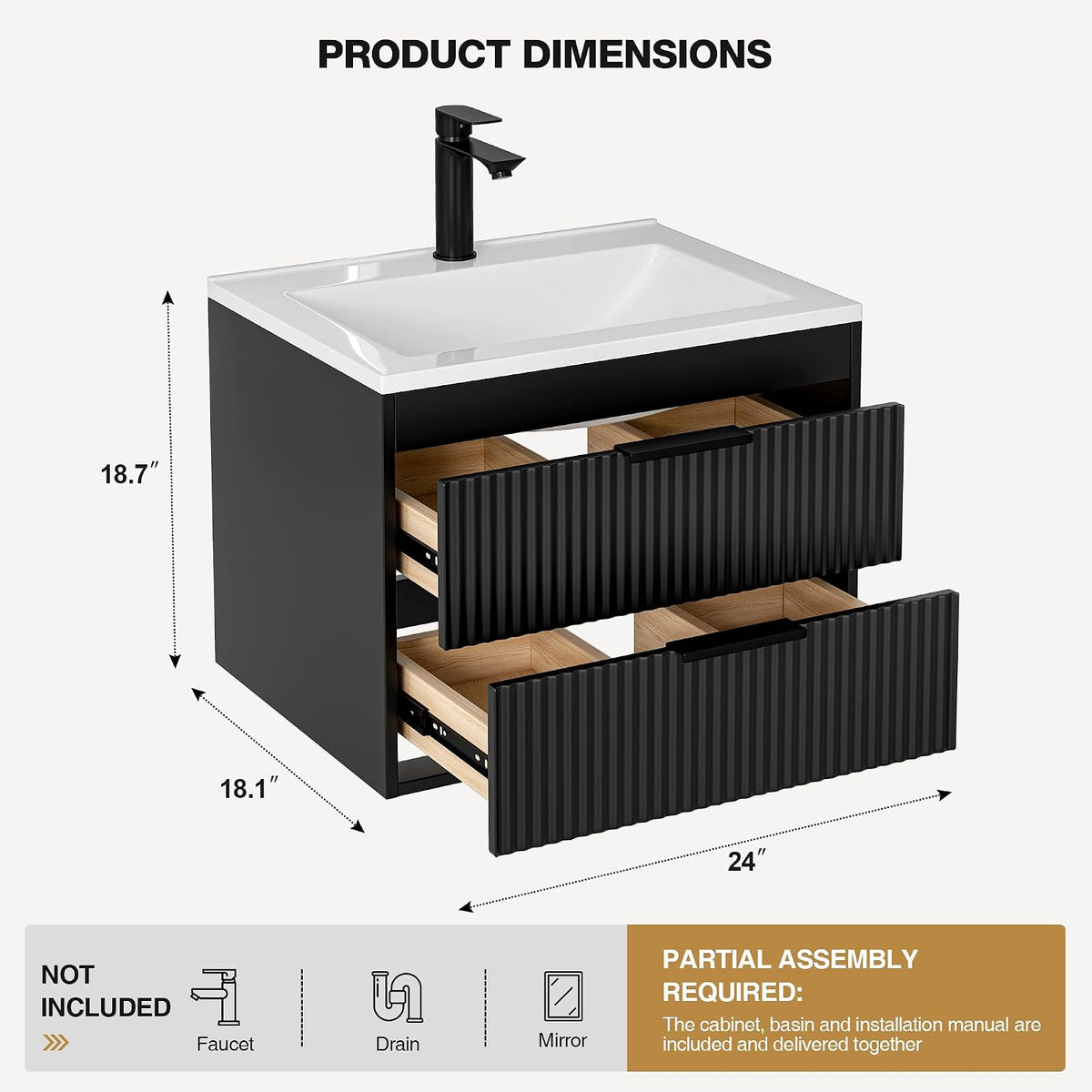 24 Inches Modern MDF Bathroom Vanity with Sink, Wall Mounted Floating Cabinets w/Double Drawers, Black Handles, White Resin Sink Combo Set (Black, 24")