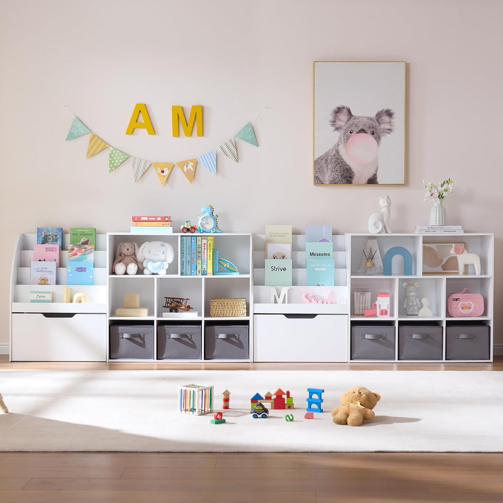 Fatmok Kids Bookshelf and Toy Storage, 2 Pack 58.5ââ Toy Organizer with Movable Chests & 3 Storage Bins, Large Kids Reading Nook with 5 Cubbies for Playroom, Bedroom, Nursery, White