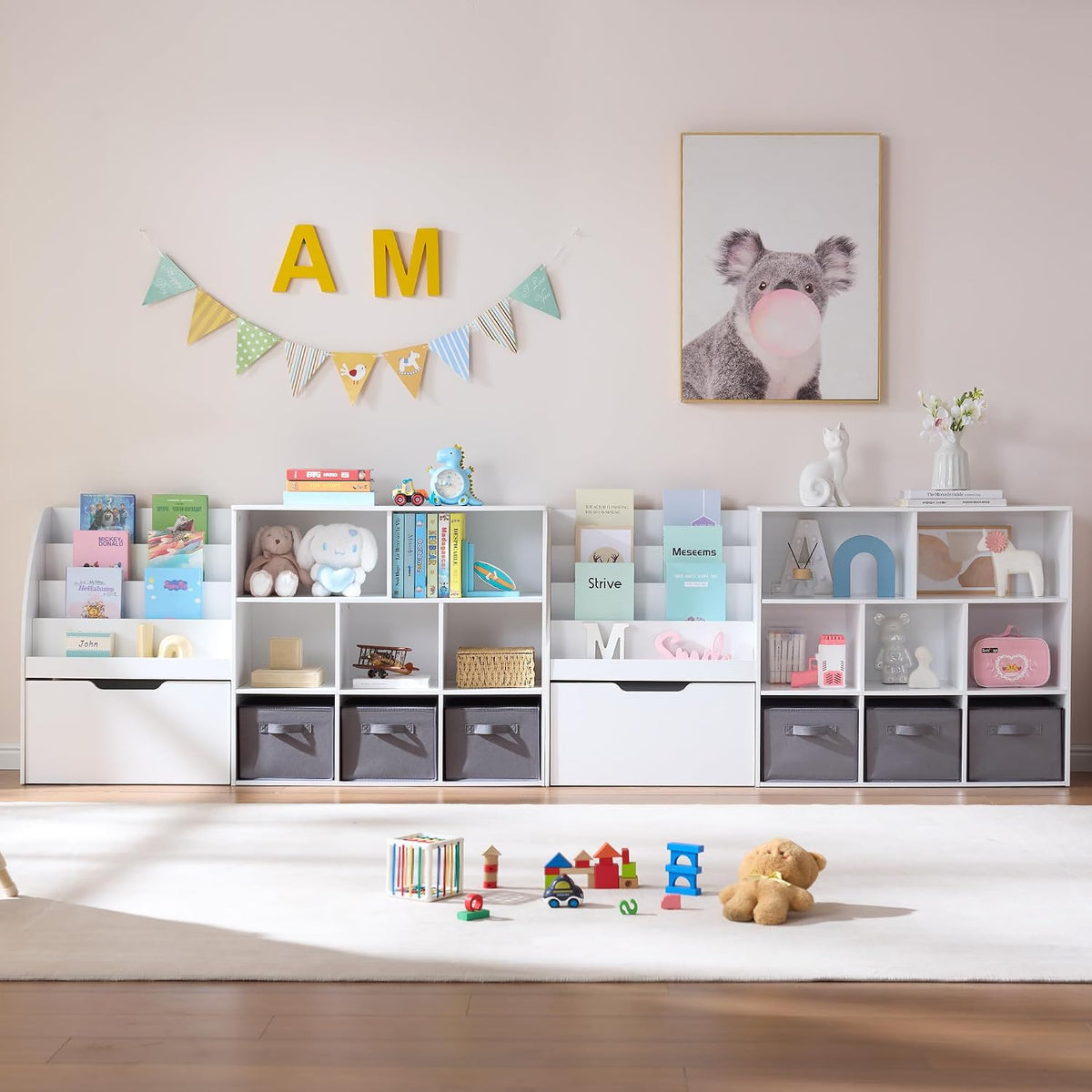 Fatmok Kids Bookshelf and Toy Storage, 2 Pack 58.5ââ Toy Organizer with Movable Chests & 3 Storage Bins, Large Kids Reading Nook with 5 Cubbies for Playroom, Bedroom, Nursery, White